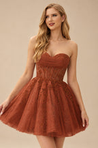 Rutipo Rust A-line Strapless Sweetheart Corset Lace Homecoming Dress with Pleated