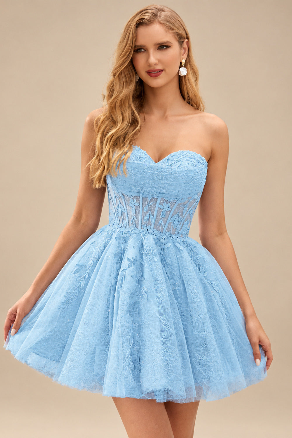 Rutipo Sky Blue A-line Strapless Sweetheart Corset Lace Homecoming Dress with Pleated