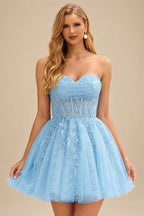 Rutipo Sky Blue A-line Strapless Sweetheart Corset Lace Homecoming Dress with Pleated