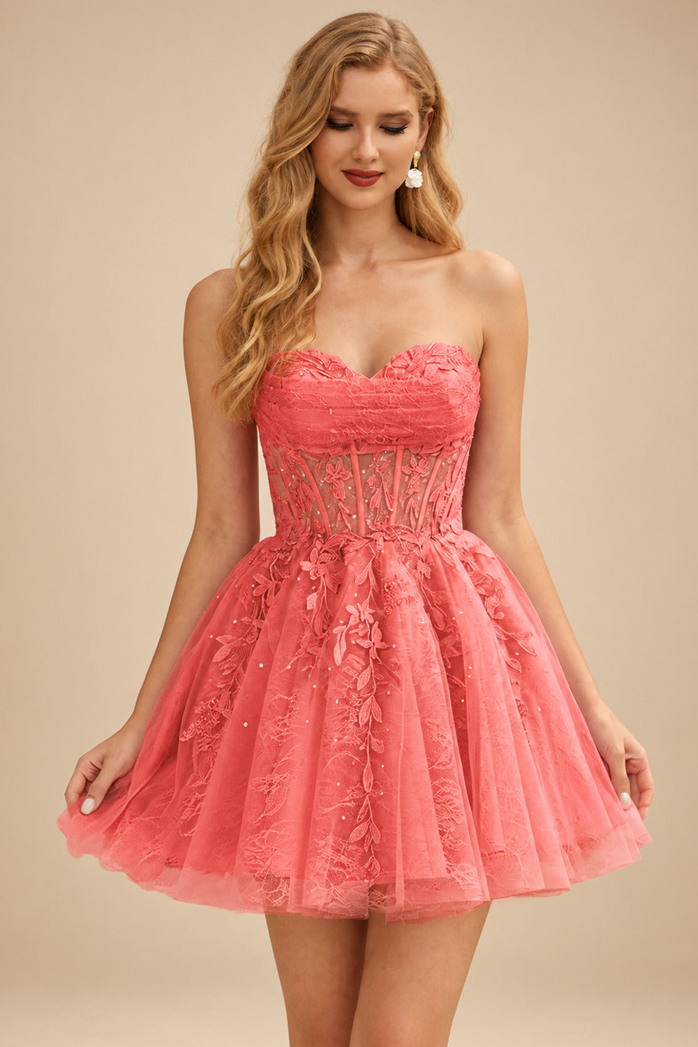 Rutipo Watermelon A-line Strapless Sweetheart Corset Lace Homecoming Dress with Pleated