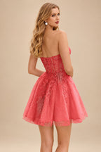 Rutipo Watermelon A-line Strapless Sweetheart Corset Lace Homecoming Dress with Pleated