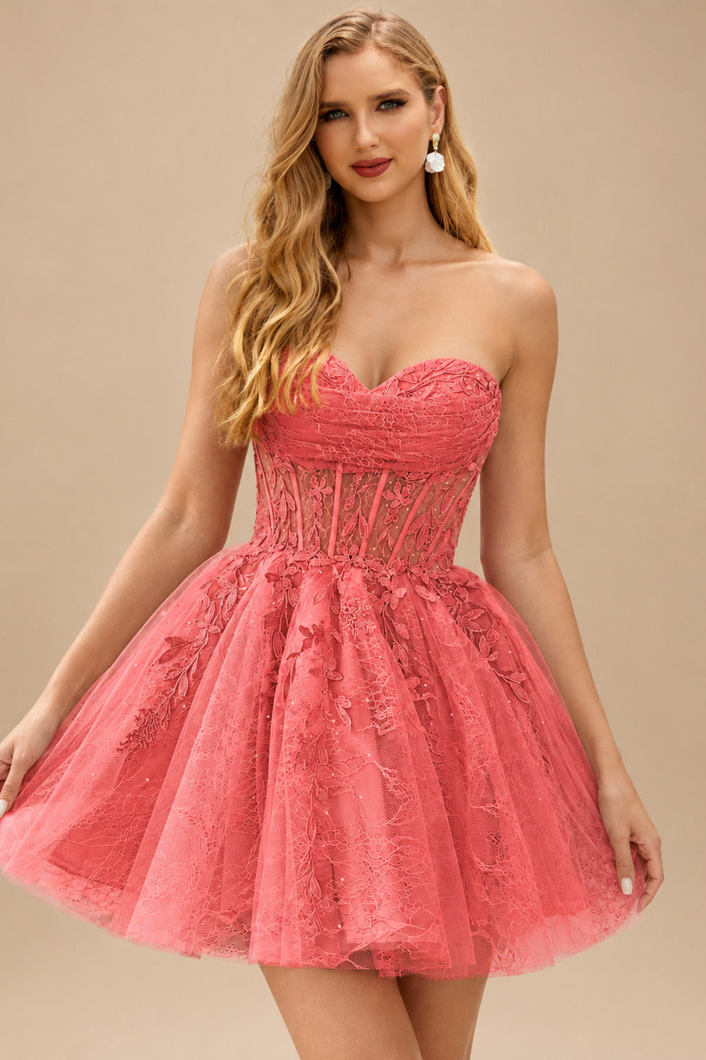 Rutipo Watermelon A-line Strapless Sweetheart Corset Lace Homecoming Dress with Pleated