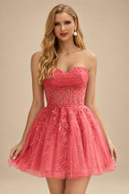 Rutipo Watermelon A-line Strapless Sweetheart Corset Lace Homecoming Dress with Pleated