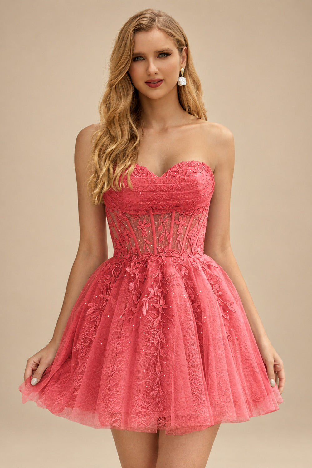 Rutipo Watermelon A-line Strapless Sweetheart Corset Lace Homecoming Dress with Pleated