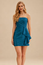 Rutipo Ink Blue Sheath Strapless Ruched Silk like Satin Mini Homecoming Dress with Side Ruffle