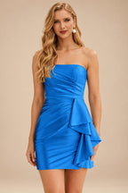 Rutipo Ocean Blue Sheath Strapless Ruched Silk like Satin Mini Homecoming Dress with Side Ruffle