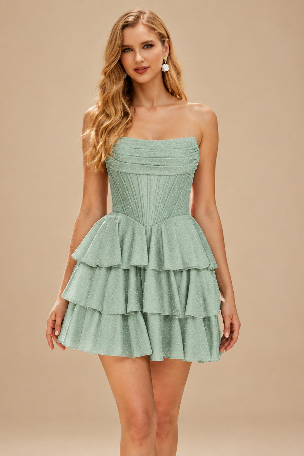 Rutipo Agave Green A-line Sparkly Strapless Ruched Corset Ruffle Homecoming Dress