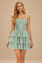 Rutipo Agave Green A-line Sparkly Strapless Ruched Corset Ruffle Homecoming Dress