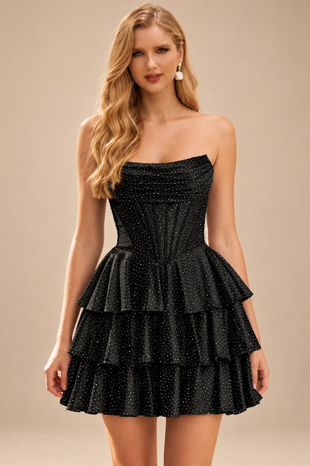 Rutipo Black A-line Sparkly Strapless Ruched Corset Ruffle Homecoming Dress