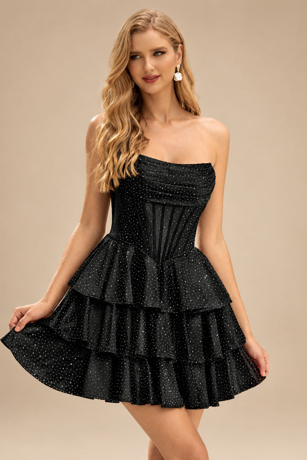 Rutipo Black A-line Sparkly Strapless Ruched Corset Ruffle Homecoming Dress