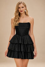 Rutipo Black A-line Sparkly Strapless Ruched Corset Ruffle Homecoming Dress