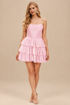 Rutipo Blushing Pink A-line Sparkly Strapless Ruched Corset Ruffle Homecoming Dress