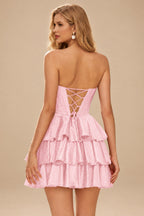 Rutipo Blushing Pink A-line Sparkly Strapless Ruched Corset Ruffle Homecoming Dress