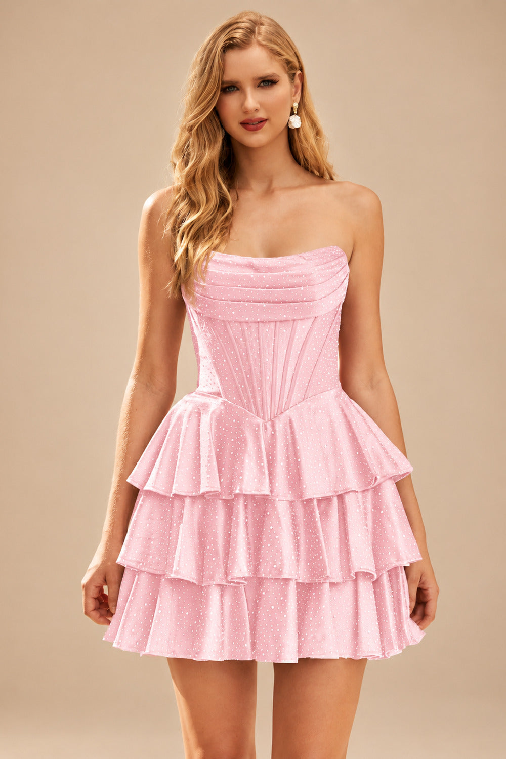 Rutipo Blushing Pink A-line Sparkly Strapless Ruched Corset Ruffle Homecoming Dress