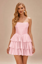 Rutipo Blushing Pink A-line Sparkly Strapless Ruched Corset Ruffle Homecoming Dress