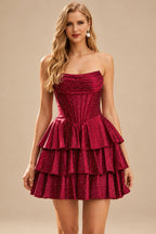 Rutipo Burgundy A-line Sparkly Strapless Ruched Corset Ruffle Homecoming Dress