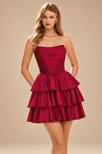 Rutipo Burgundy A-line Sparkly Strapless Ruched Corset Ruffle Homecoming Dress
