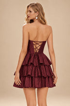 Rutipo Cabernet A-line Sparkly Strapless Ruched Corset Ruffle Homecoming Dress