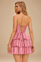 Rutipo Candy Pink A-line Sparkly Strapless Ruched Corset Ruffle Homecoming Dress