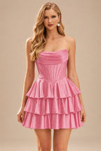 Rutipo Candy Pink A-line Sparkly Strapless Ruched Corset Ruffle Homecoming Dress