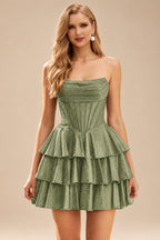 Rutipo Celadon A-line Sparkly Strapless Ruched Corset Ruffle Homecoming Dress