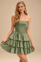 Rutipo Celadon A-line Sparkly Strapless Ruched Corset Ruffle Homecoming Dress