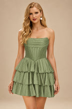 Rutipo Celadon A-line Sparkly Strapless Ruched Corset Ruffle Homecoming Dress
