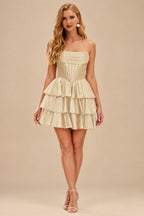 Rutipo Champagne A-line Sparkly Strapless Ruched Corset Ruffle Homecoming Dress