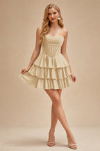 Rutipo Champagne A-line Sparkly Strapless Ruched Corset Ruffle Homecoming Dress