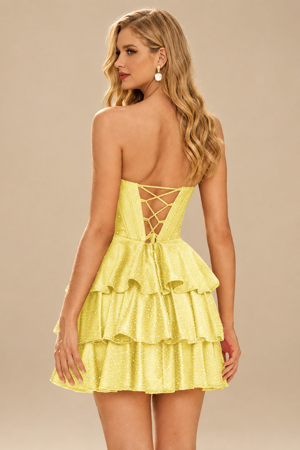 Rutipo Daffodil A-line Sparkly Strapless Ruched Corset Ruffle Homecoming Dress
