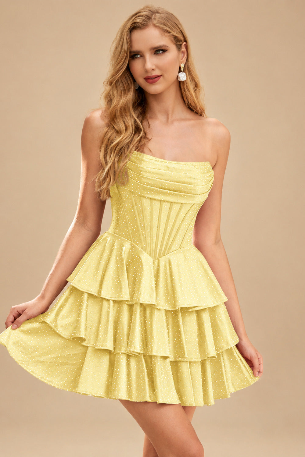 Rutipo Daffodil A-line Sparkly Strapless Ruched Corset Ruffle Homecoming Dress