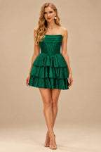 Rutipo Dark Green A-line Sparkly Strapless Ruched Corset Ruffle Homecoming Dress