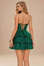 Rutipo Dark Green A-line Sparkly Strapless Ruched Corset Ruffle Homecoming Dress