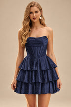 Rutipo Dark Navy A-line Sparkly Strapless Ruched Corset Ruffle Homecoming Dress