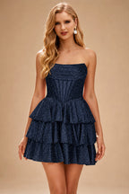 Rutipo Dark Navy A-line Sparkly Strapless Ruched Corset Ruffle Homecoming Dress