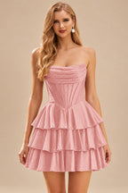 Rutipo Dusty Pink A-line Sparkly Strapless Ruched Corset Ruffle Homecoming Dress