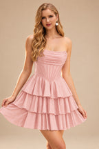 Rutipo Dusty Pink A-line Sparkly Strapless Ruched Corset Ruffle Homecoming Dress