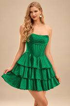 Rutipo Emerald A-line Sparkly Strapless Ruched Corset Ruffle Homecoming Dress