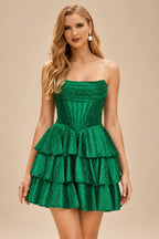 Rutipo Emerald A-line Sparkly Strapless Ruched Corset Ruffle Homecoming Dress
