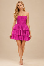 Rutipo Fuchsia A-line Sparkly Strapless Ruched Corset Ruffle Homecoming Dress
