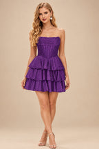 Rutipo Grape A-line Sparkly Strapless Ruched Corset Ruffle Homecoming Dress