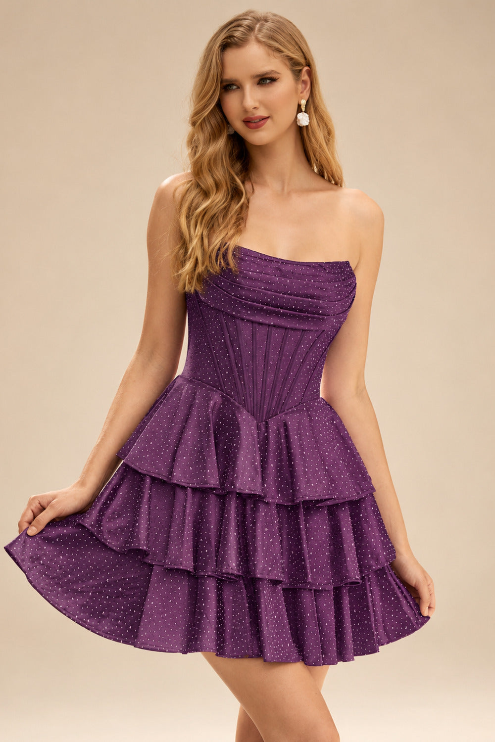 Rutipo Grape A-line Sparkly Strapless Ruched Corset Ruffle Homecoming Dress