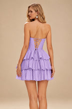 Rutipo Lilac A-line Sparkly Strapless Ruched Corset Ruffle Homecoming Dress
