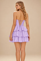 Rutipo Lilac A-line Sparkly Strapless Ruched Corset Ruffle Homecoming Dress