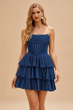 Rutipo Navy Blue A-line Sparkly Strapless Ruched Corset Ruffle Homecoming Dress
