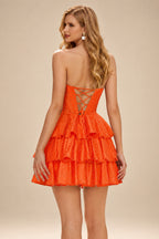 Rutipo Orange A-line Sparkly Strapless Ruched Corset Ruffle Homecoming Dress