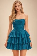 Rutipo Peacock A-line Sparkly Strapless Ruched Corset Ruffle Homecoming Dress