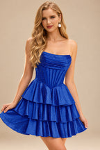 Rutipo Royal Blue A-line Sparkly Strapless Ruched Corset Ruffle Homecoming Dress