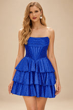 Rutipo Royal Blue A-line Sparkly Strapless Ruched Corset Ruffle Homecoming Dress