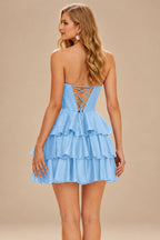Rutipo Sky Blue A-line Sparkly Strapless Ruched Corset Ruffle Homecoming Dress